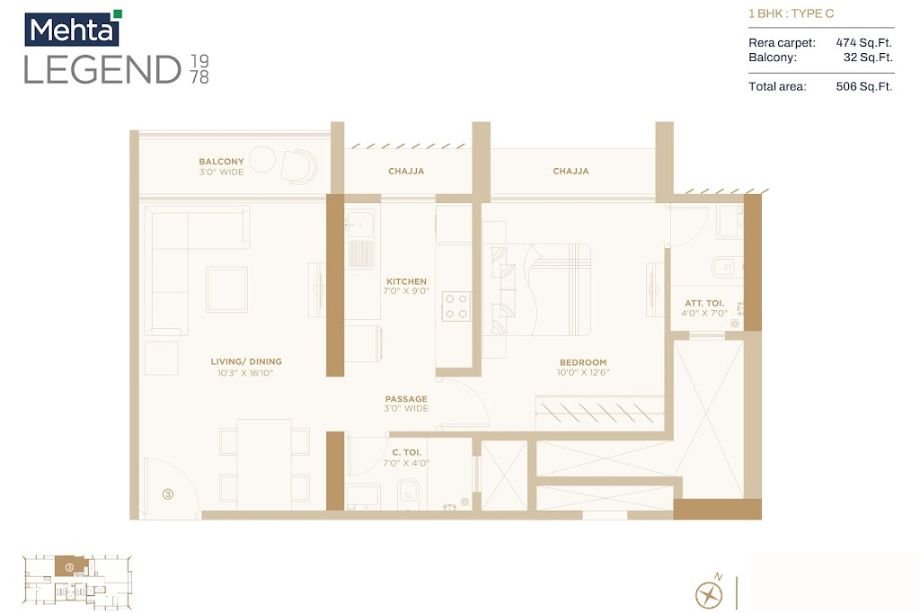 Mehta-LEGEND-1978-Floor-plan-1BHK-506 Sqft