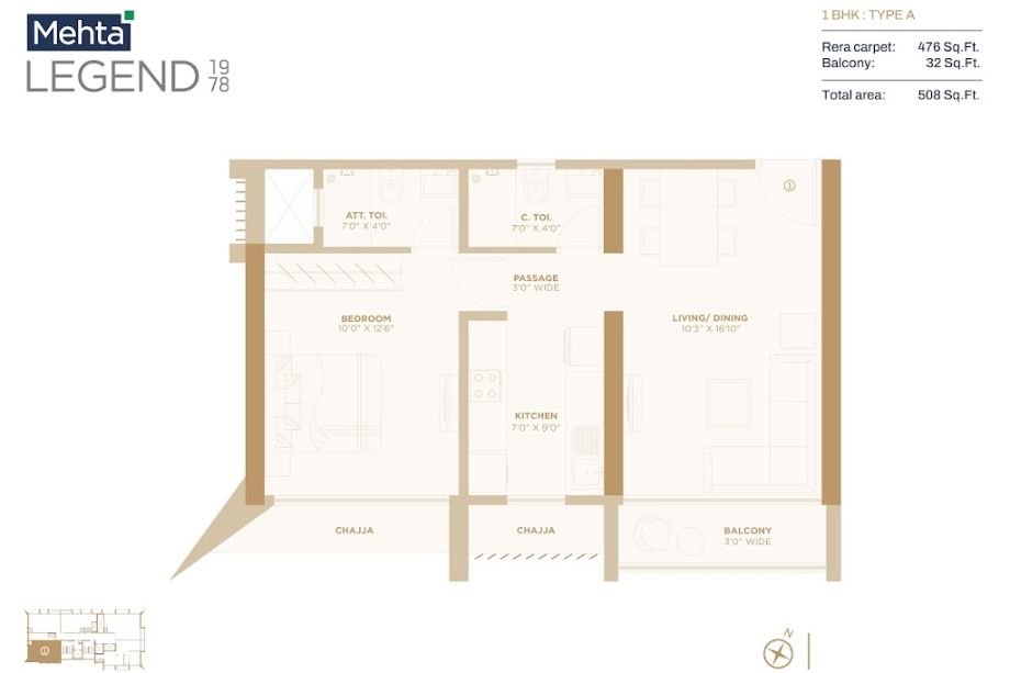 Mehta-LEGEND-1978-Floor-plan-1BHK-508 Sqft-Type A