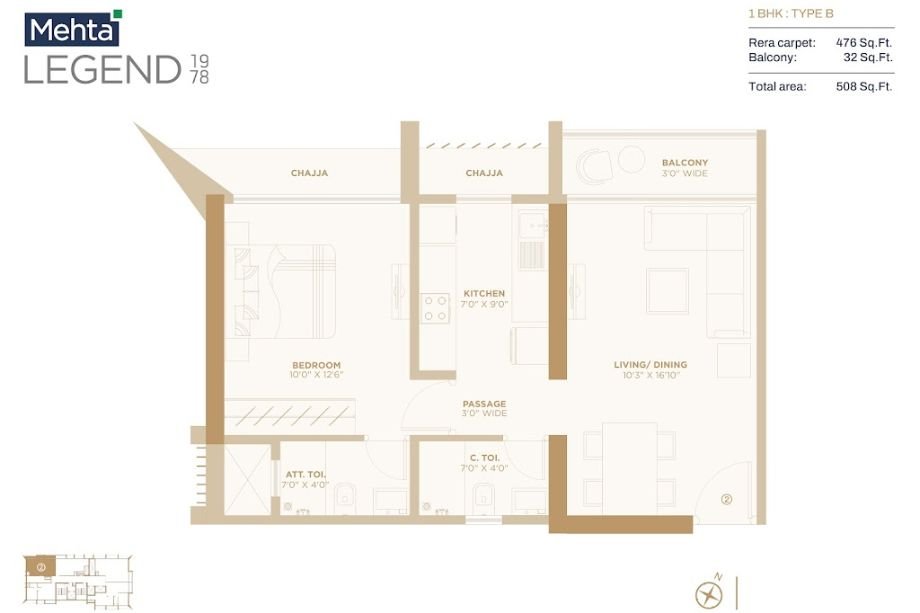 Mehta-LEGEND-1978-Floor-plan-1BHK-508 Sqft-Type B