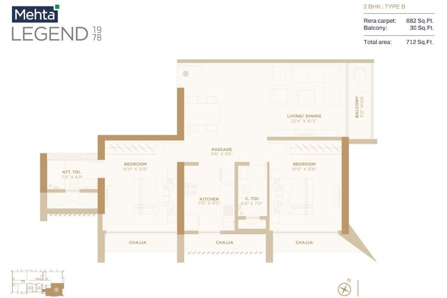 Mehta-LEGEND-1978-Floor-plan-2BHK-712 Sqft-Type B
