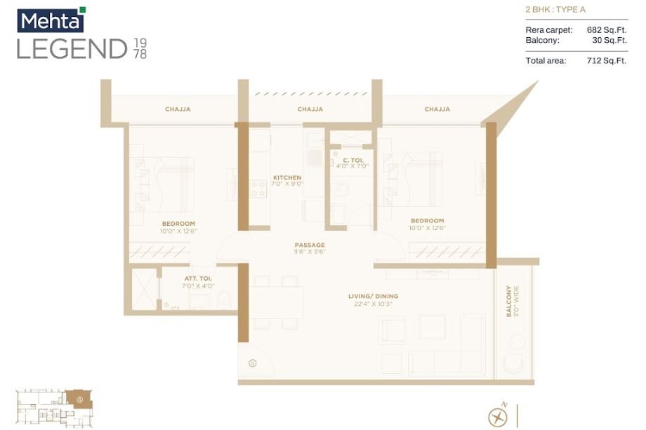 Mehta-LEGEND-1978-Floor-plan-2BHK-712 Sqft-Type-A